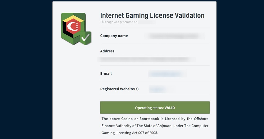 Лицензия от регулятора Анжуана